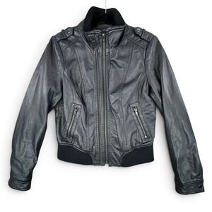 Zara Basic Womens Black Lambs Leather Moto Bomber Jacket Size L Epaulettes
